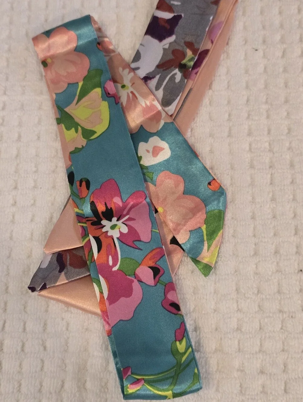 Floral Satin Neck Scarf - Peach & Multicolor